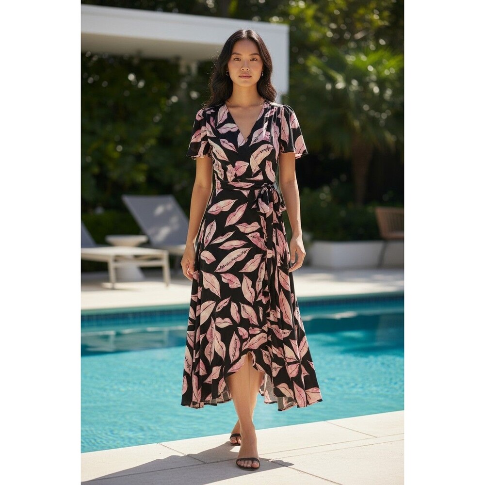 Diane von Furstenberg Vintage Lips Silk Wrap Maxi Dress Sz 2 Black 100% Silk Y2K